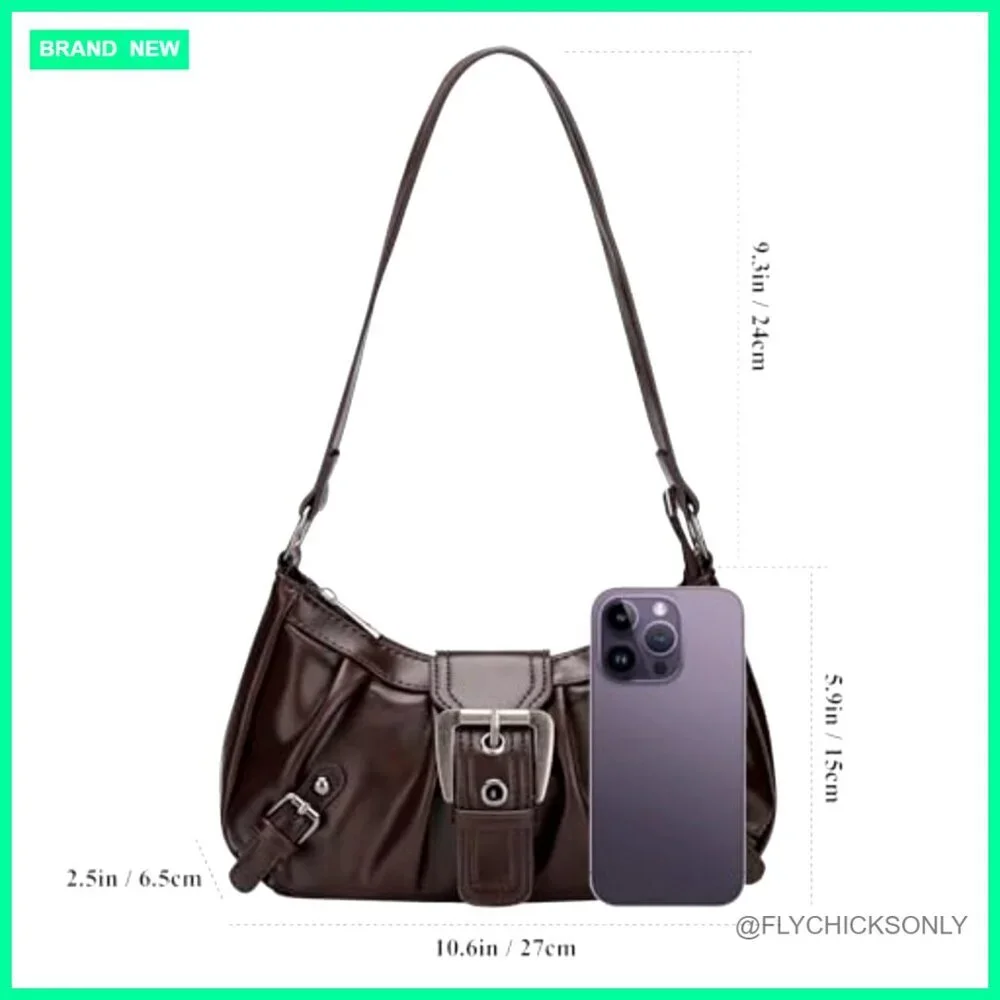 Vegan Leather Hobo Shoulder Bag with Zipper and Buckle Closure